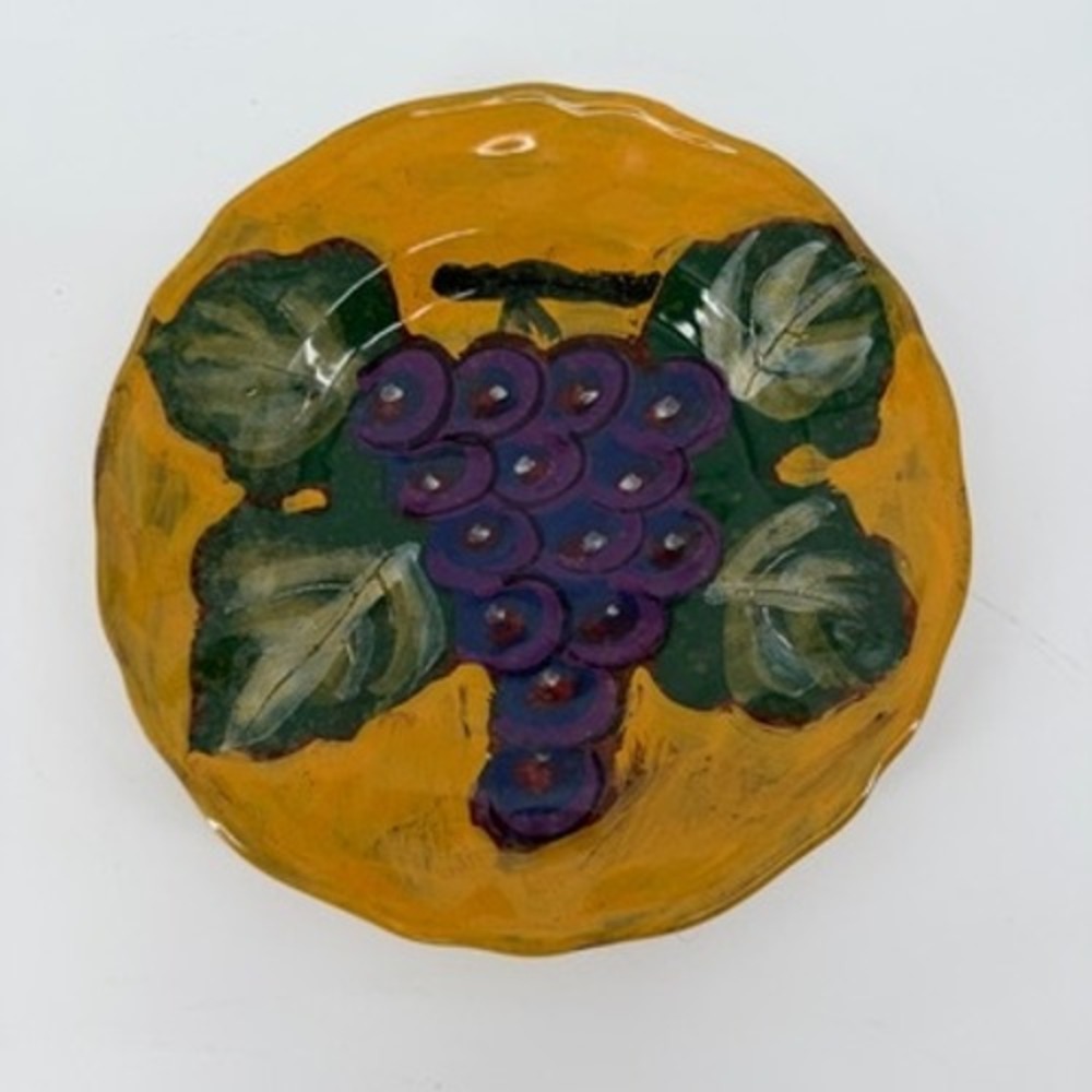 Arte Italica Italy Hand Painted Ceramic Grape Plate Yellow Scalloped 8 Inch
